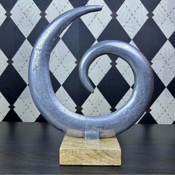 Large Abstract Metal Spiral Sculpture on Wood Base Modern Decor Accent - Picture 4 of 7